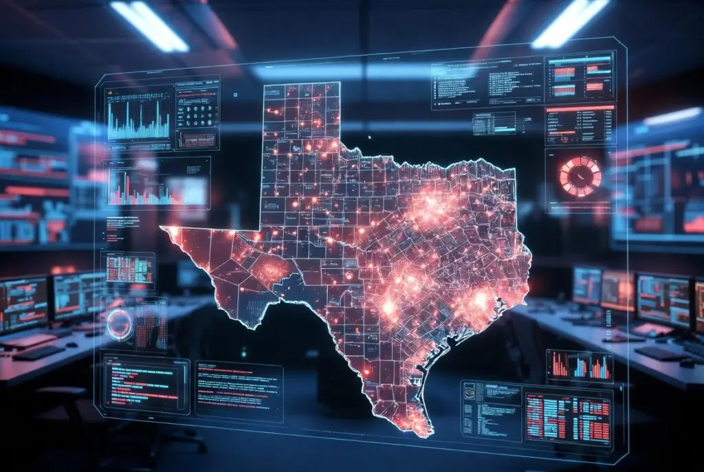 High-tech logistics command center with a digital map of Texas showing glowing red hotspots over warehouse districts, 3D holographic interface
