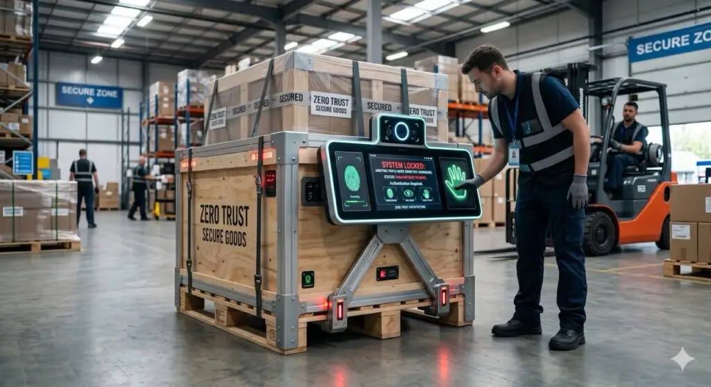 zero trust pallet. A pallet that "refuses to move" until a Triple-Mode biometric handshake occurs.