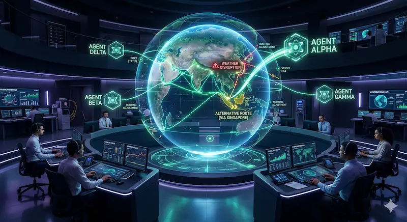 A high-tech supply chain control room where floating AI "Agent" icons