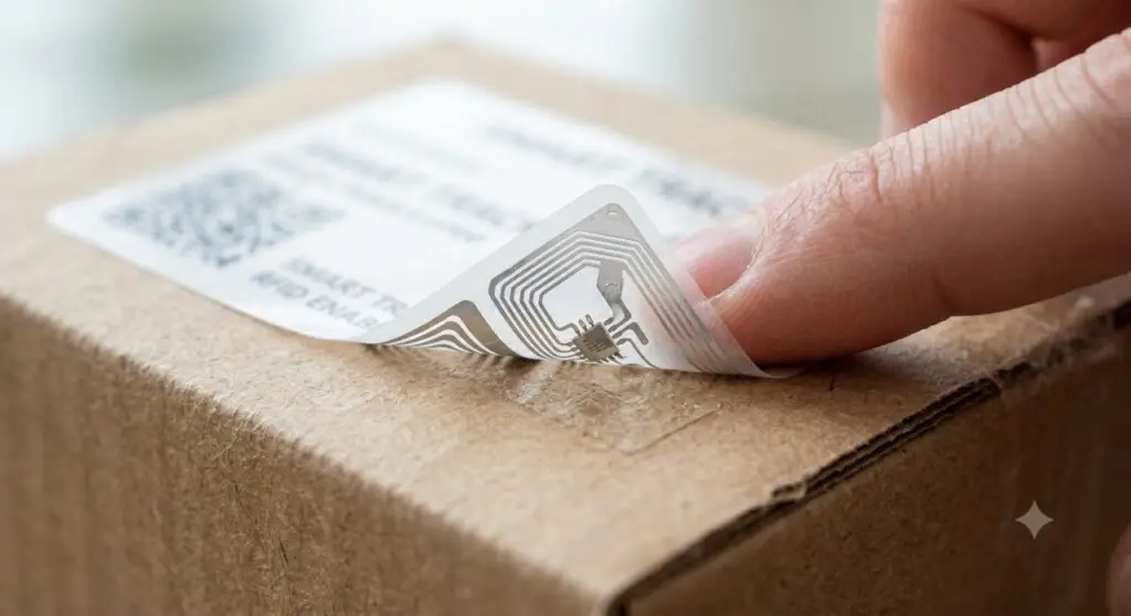A close-up macro shot of a paper-thin, flexible smart label sticker being applied seamlessly to a cardboard shipping carton.