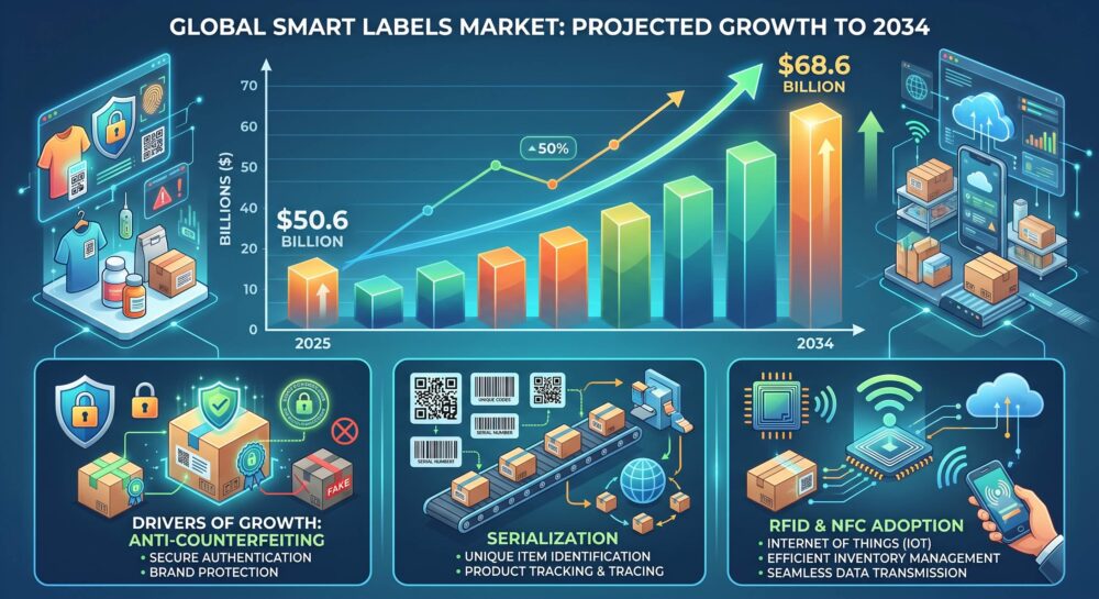 smart labels is projected to scale from $50.6 billion in 2025 to $68.6 billion by 2034, driven heavily by anti-counterfeiting, serialization, and RFID/NFC adoption