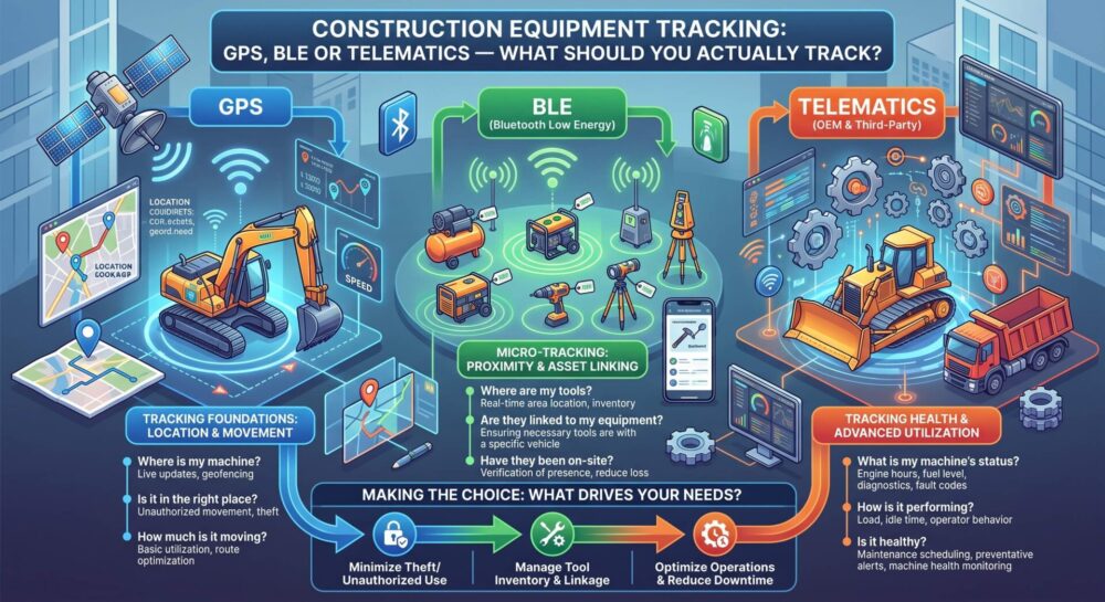 Construction Equipment Tracking: GPS, BLE or Telematics — What Should You Actually Track?
