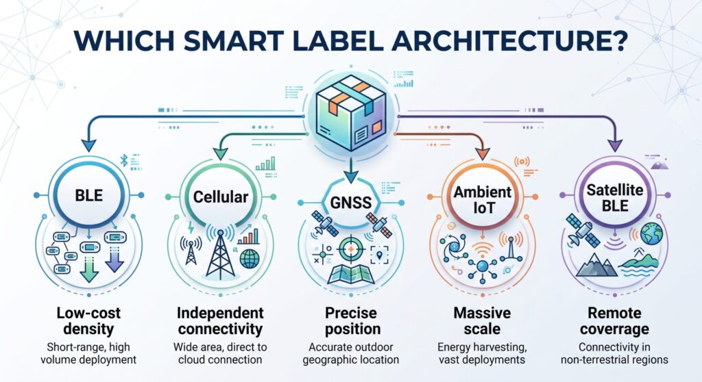 BLE / Cellular / GNSS / Ambient IoT / Satellite BLE. Beneath each, use one short descriptor: Low-cost density / Independent connectivity / Precise position / Massive scale / Remote coverage.